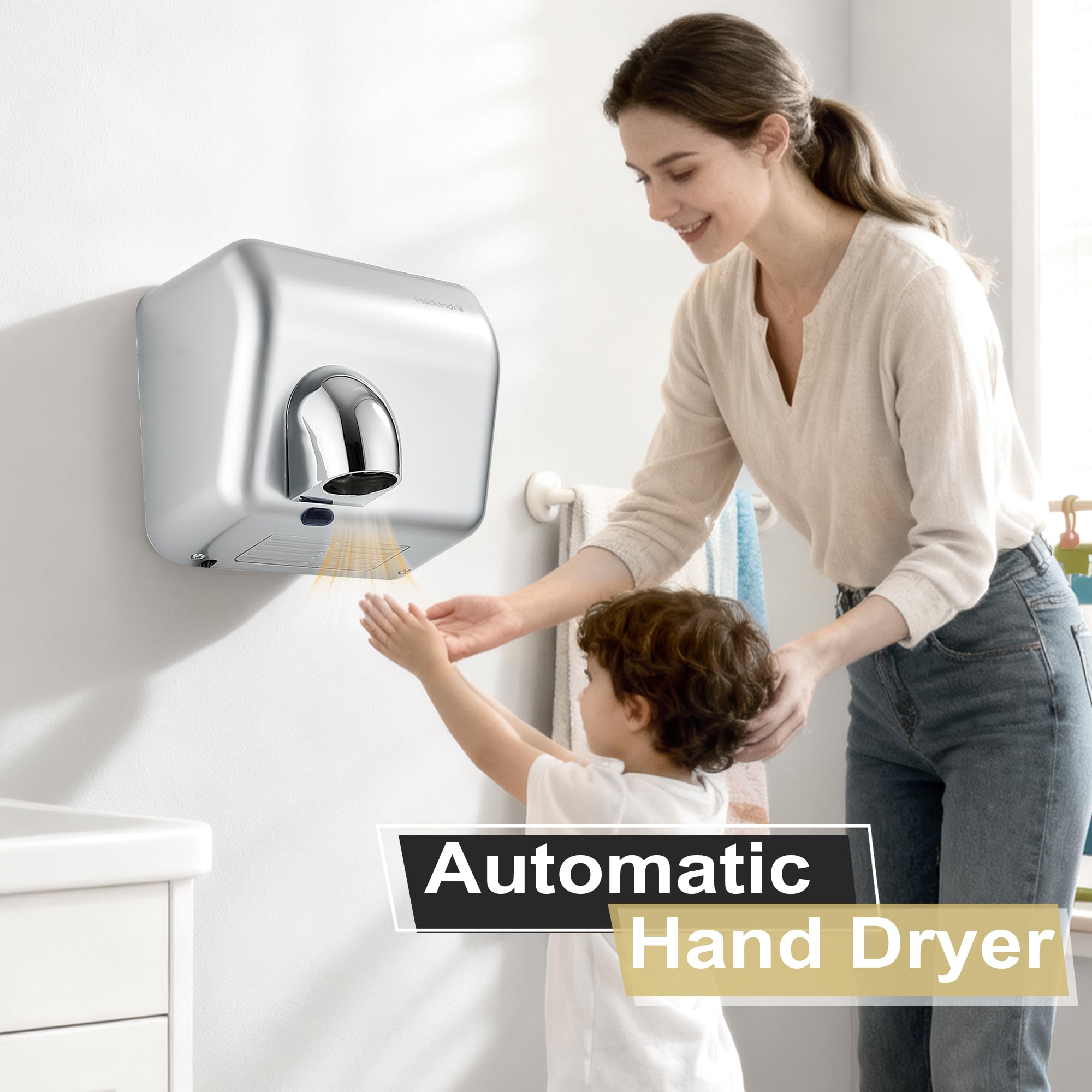 Seche Main Électrique Mural, Automatique Sèche-Mains à Grande Vitesse 5-7 Secondes Séchage pour Commercial Toilettes, 2300W, ABS, Argenté