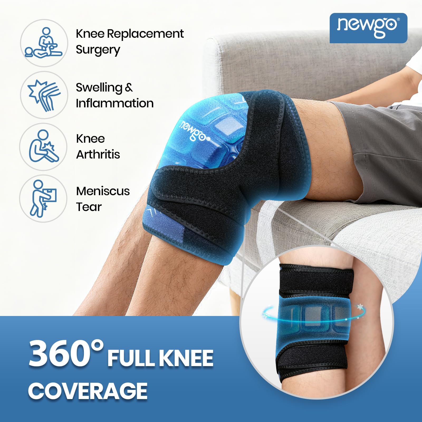 NEWGO Knee Kühlkompresse für Knie, Wiederverwendbare Gel Kniebandage bei Schmerzen, Schwellungen, Knie OP, Arthritis, Meniskusriss & Sportverletzungen, 2 Packs