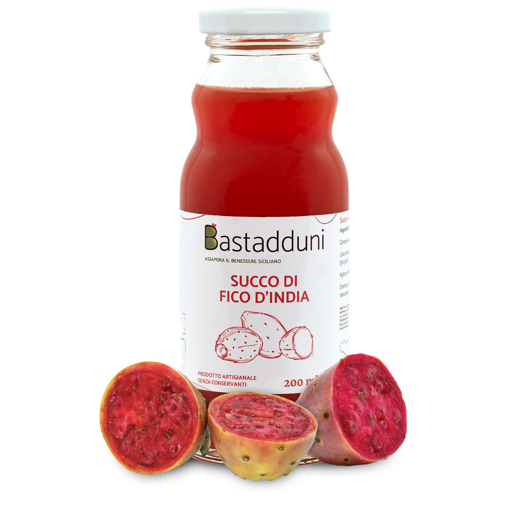 Bastadduni - Succo di Fico d'India 100% Naturale - 12x200ml - Senza Zuccheri Aggiunti - Spremuta di Frutta in Bottiglia di Vetro - Bevanda rinfrescante - Succo di frutta per bambini