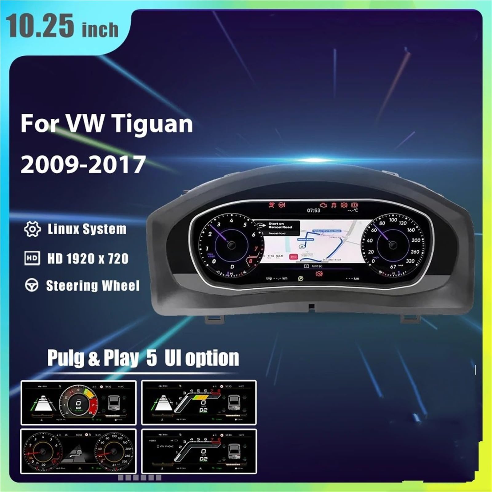 tachometr 10,25-calowy cyfrowy zestaw wskaźników deski rozdzielczej pasujący do Volkswagena, pasuje do Tiguana 2009 10 11 12 13 14 15 16 17 lat Radio Instrument Cyfrowy miernik