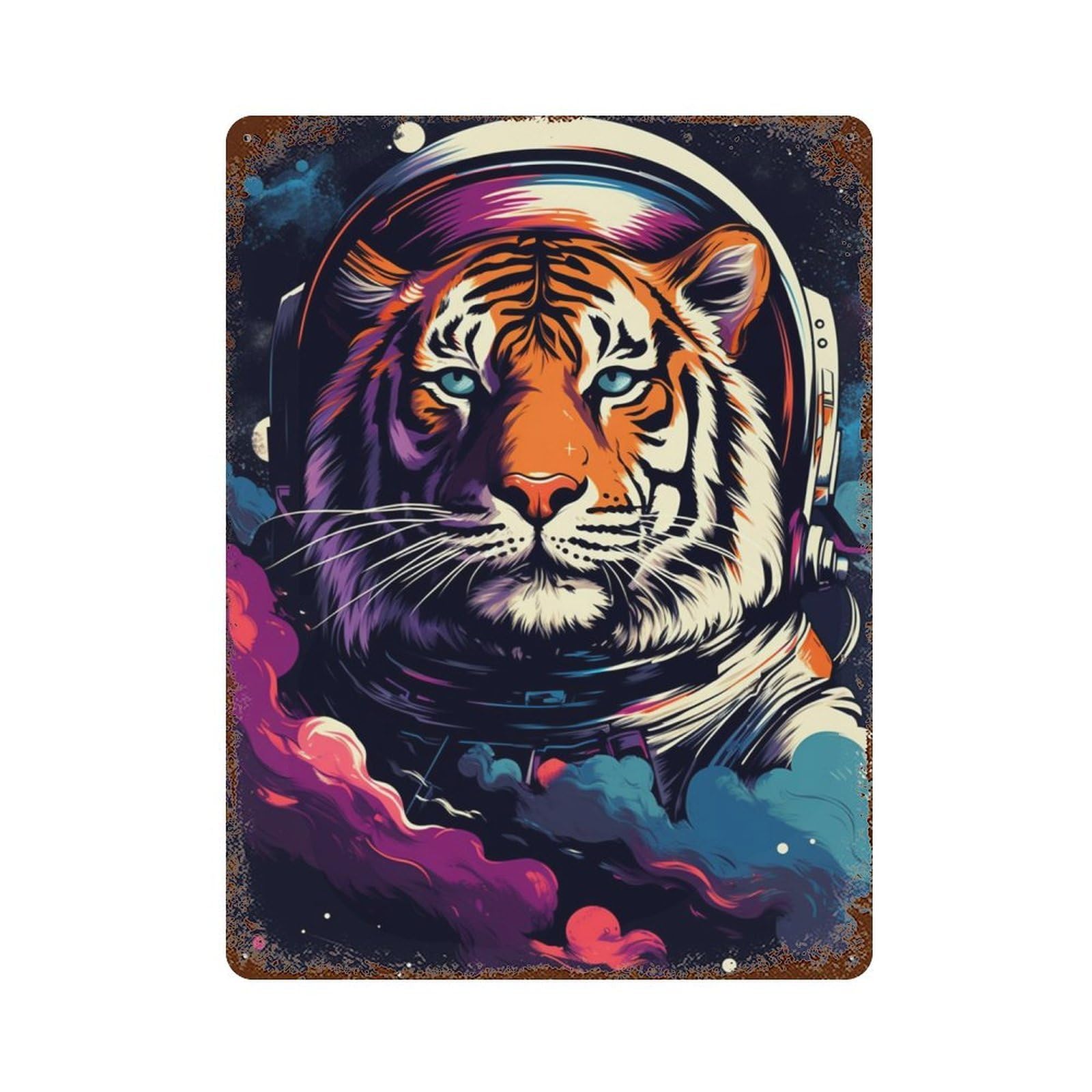 Tiger Astronaut Space Art Print-7 15.7"x11.8" Weathered Tin Sign, Shabby Chic Decor for Farmhouse, Kitchen And Entryway Decor