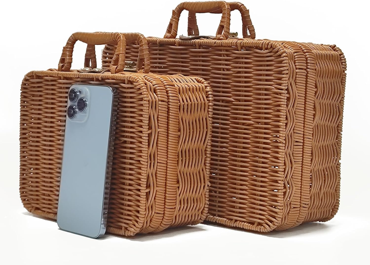 Mini Wicker Picnic Basket, Decorative Prop Suitcase Vintage Storage Hamper Makeup Organizer, Metal Lock Rattan Storage Box with Handles for Sundries Travel Camping and Outdoor Party (Brown, L+S)