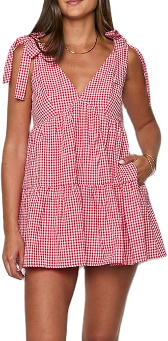 Women Y2K Tie Shoulder Mini Dress Bow Ruffle Flowy Babydoll Dress Floral Boho Sundress Summer Going Out Dresses