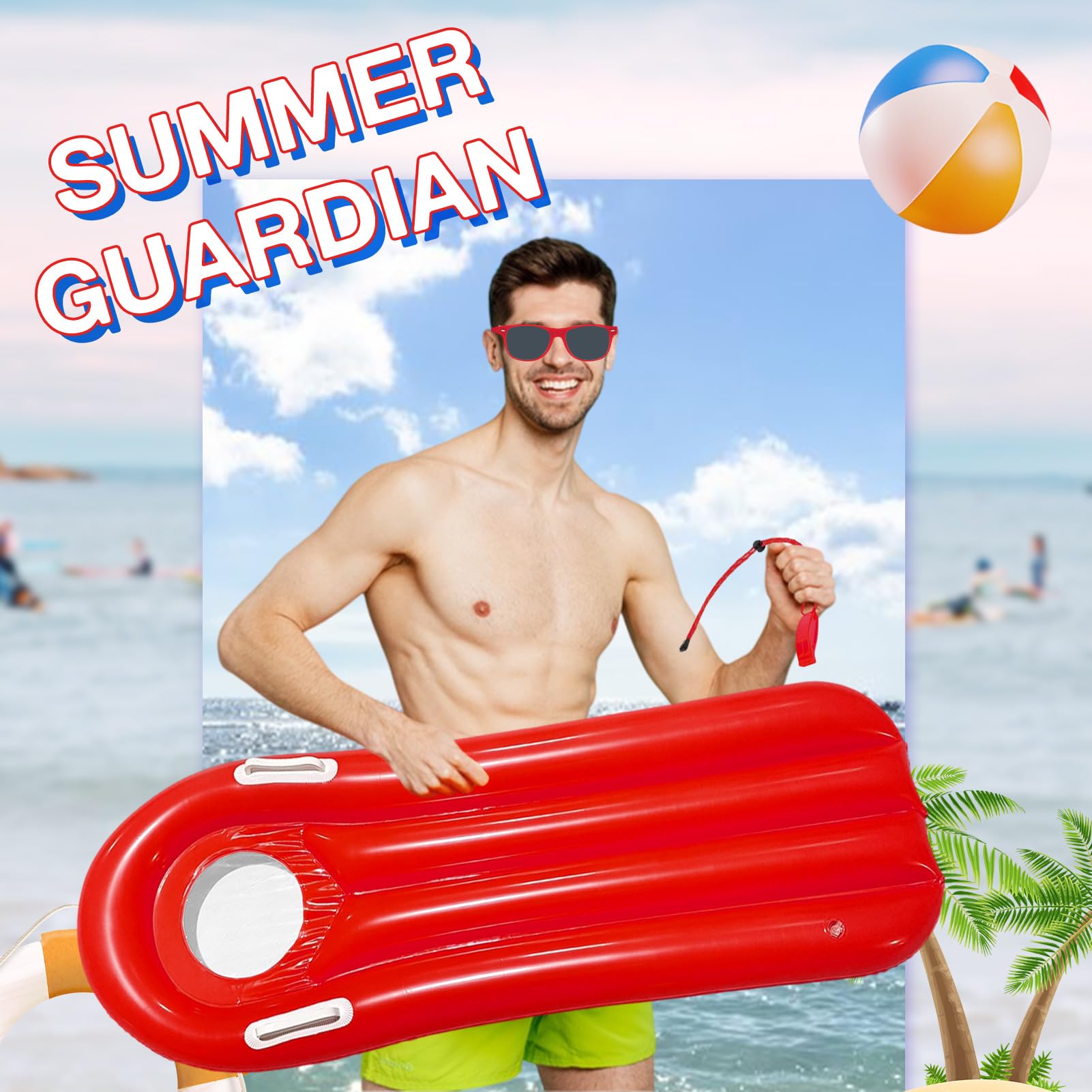 5 Pieces Lifeguard Costume Baywatch Fancy Dress Men Women Lifeguard Beach Accessories Fanny Pack Guard Hat Whistle Sunglasses Inflatable Floatboard for Adults Halloween Cosplay Bachelor Party (Women) - Image 4