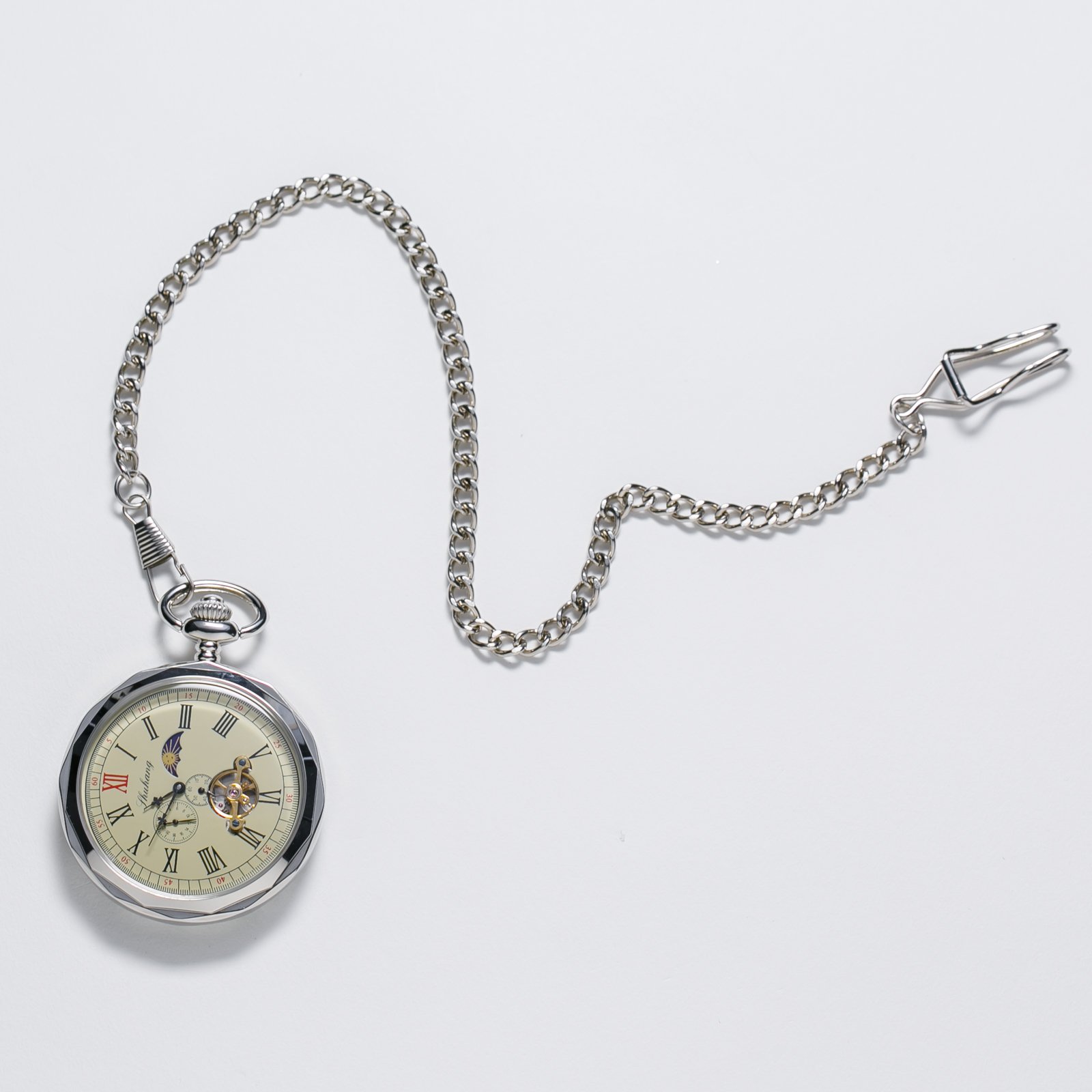 TREEWETO Mechanische Taschenuhr, römische Ziffern, offenes Zifferblatt mit Kette, 24 Stunden, Mond, Sonne + Box