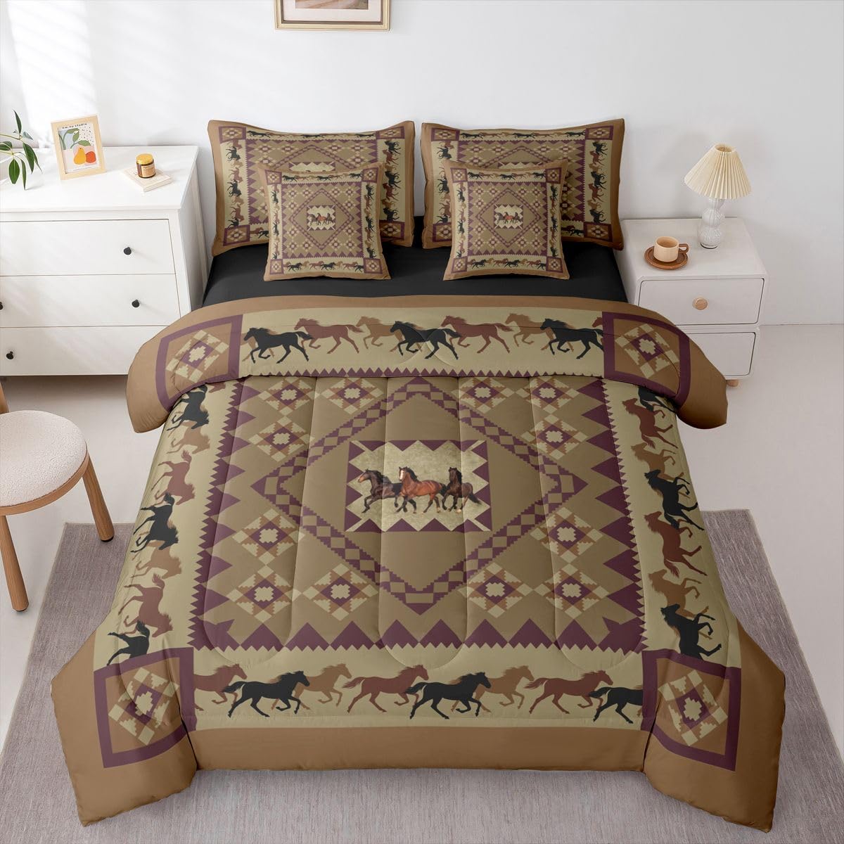 Erosebridal Western Full Size Bed Sheets and Comforter Set | Vintage Tribal Horse 7-Piece Bedding Set Cowboys Gifts Geometric Aztec Bed in a Bag, Brown Diamond Checkered Buffalo Plaid Bed Sets