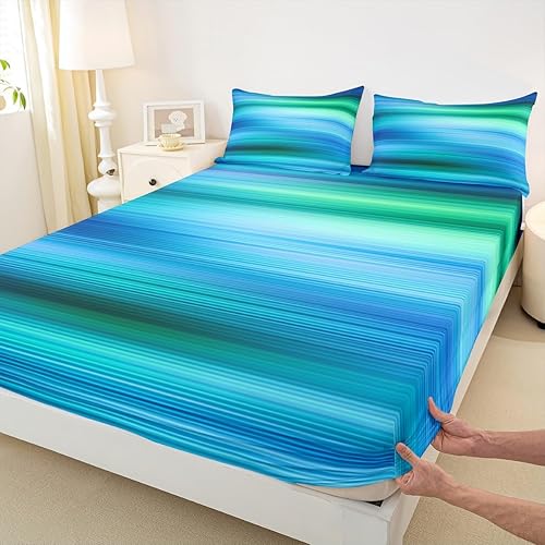 Miniatura 5 de Erosebridal Juego de sábanas de arte abstracto verde y azul degradado tamaño individual, ropa de cama de rayas geométricas de olas del océano,