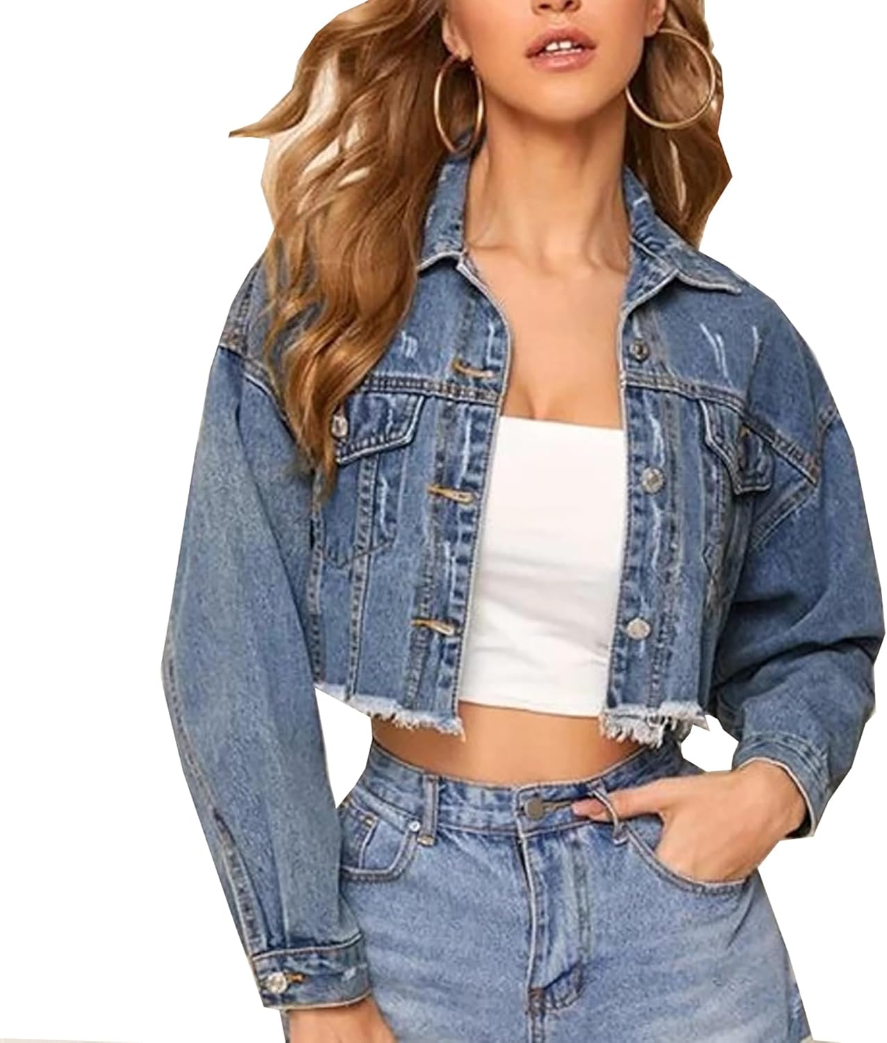 Women's Cropped Denim Jacket Long Sleeve Button Down Basic Classic Jean Jacket - Image 2