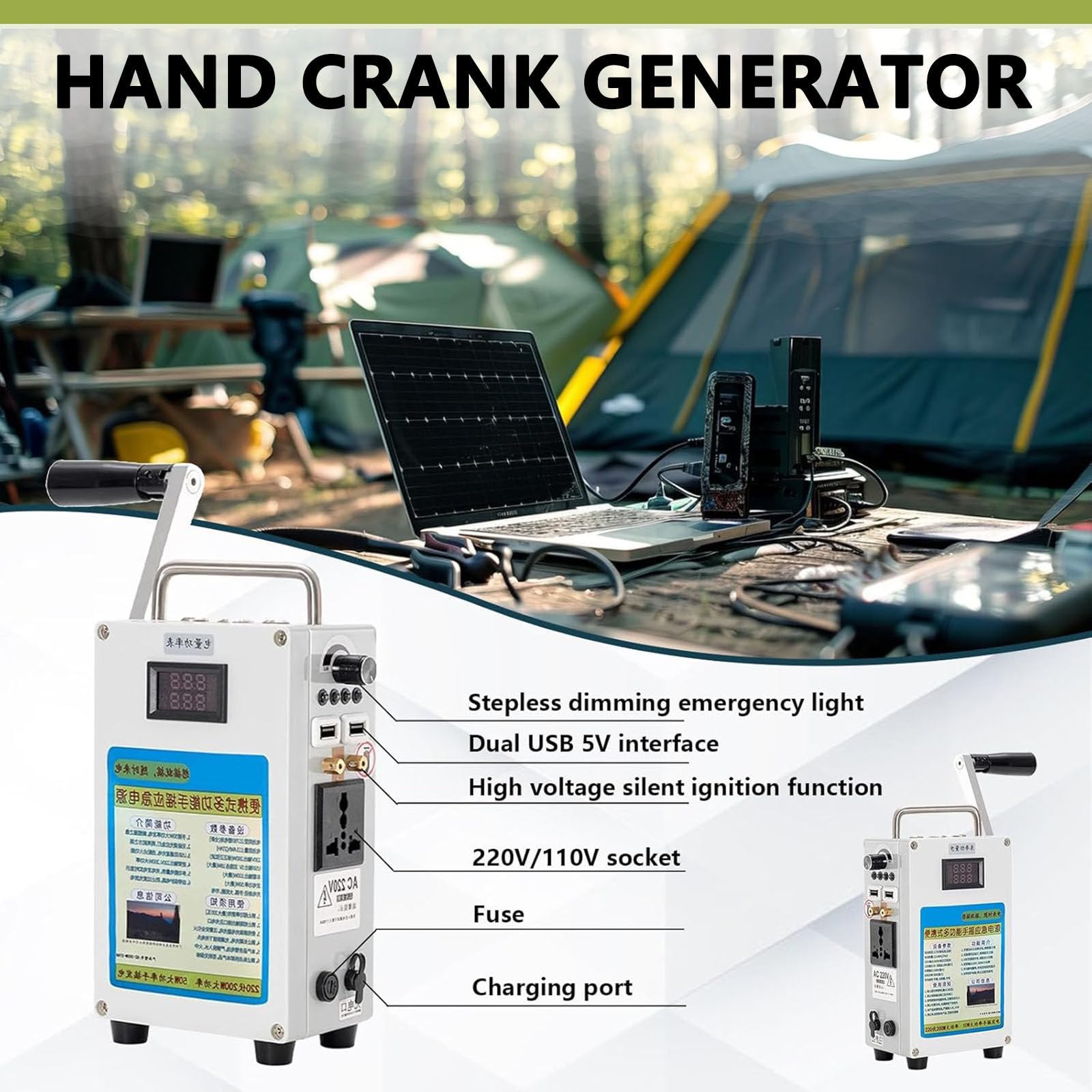 Generador Portátil para Generador de Manivela, DC 220 V Estación de Energía Portátil para Cargador de Manivela Dinamo Generador para Acampar Generador de Emergencia al Aire Libre