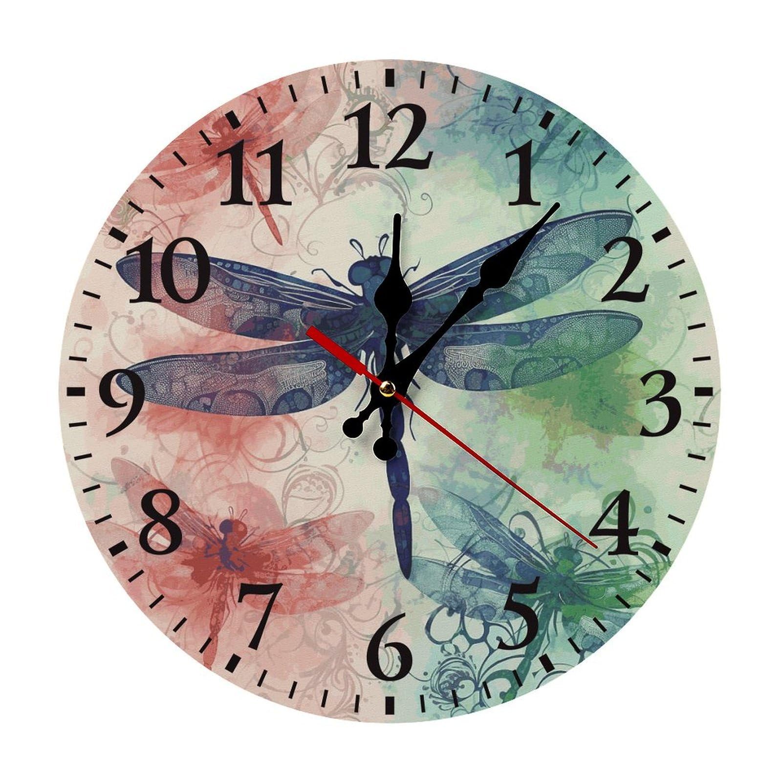 QMNLKH Modern Dragonfly Wall Clock for Home, Battery Operated Clock for Hotel, Round Wall Clock with Arabic Numerals Black, Easy to Read, Non-Ticking Clocks for Living Room 25 * 25cm