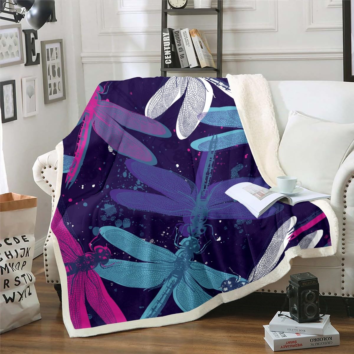 Erosebridal Dragonfly Throw Blanket Exotic Fleece Blanket Aesthetic Animal Bed Blanket Cute Dragonfly Hand Drawn Blanket Kids Child Rustic Purple Blue Teal Bedroom Decor 60