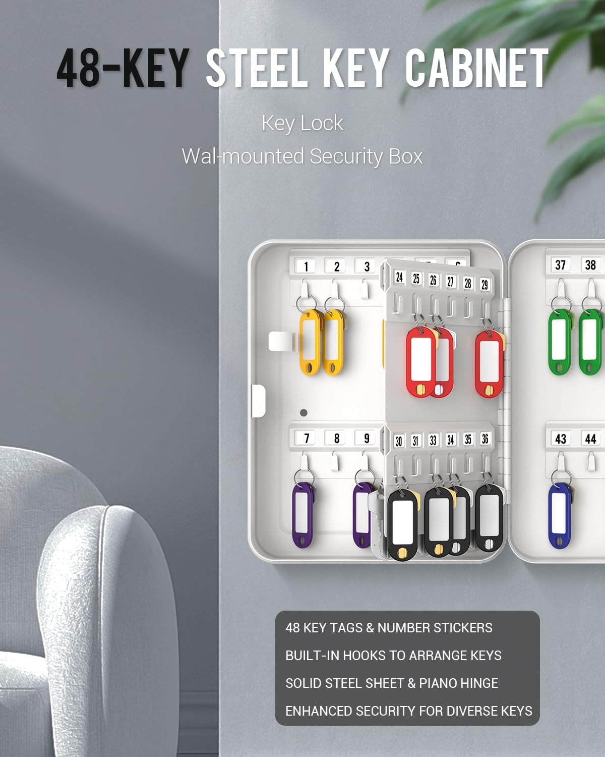 Uniclife 48 Position Key Cabinet with Combination Lock Resettable White Digital Security Storage Box Steel Key Organizer with Colorful Key Tag Labels Stickers and Hooks