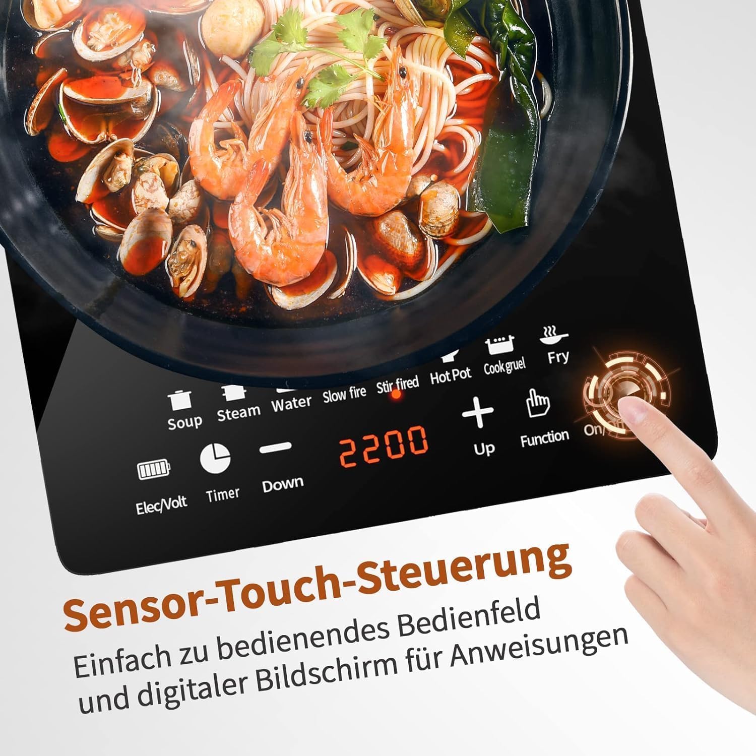 Induktionskochplatte 2200W – 28 Cm, Tragbar, 8 Modi, Booster, IPX4 Wasserdicht, Touch-Bedienung