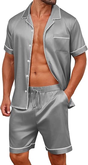 Vssjavun Mens Satin Silk Pajamas Sets Short Sleeve Button-Down Sleepwear Two Piece Loungewear with Pockets