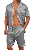 Mens Satin Silk Pajamas Sets Short Sleeve Button-Down Sleepwear Two Piece Loungewear with Pockets