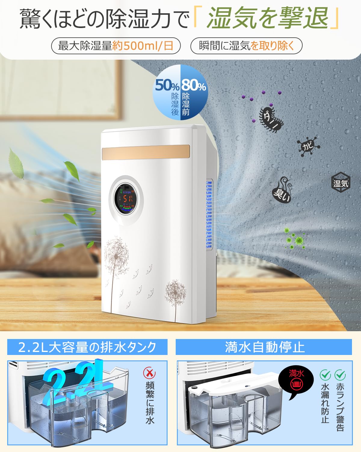 Amazon | KAPOL 除湿機 強力 リモコン付き 除湿器 2200ml大容量 UV 