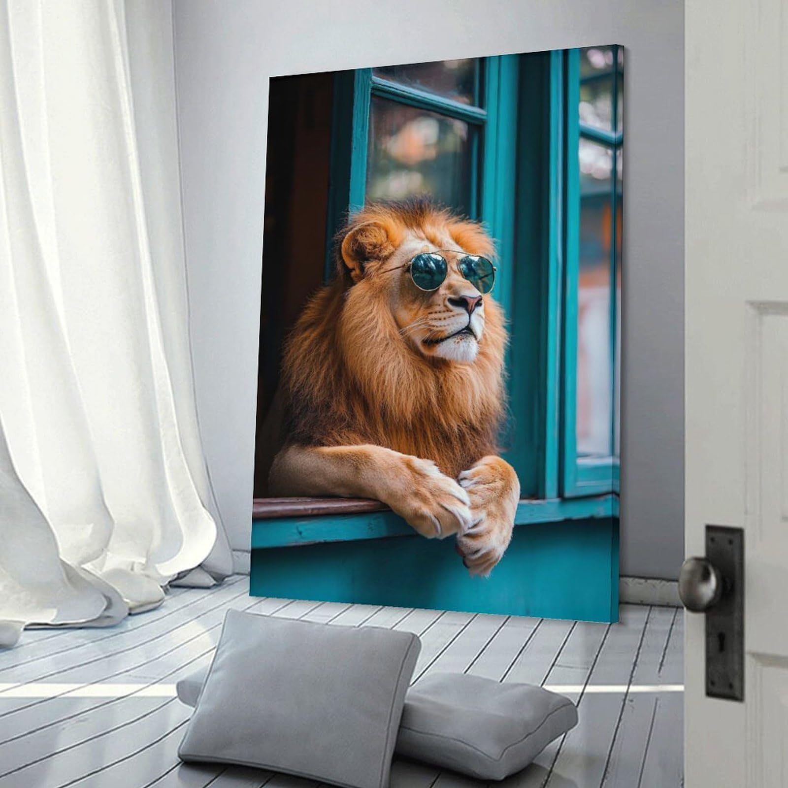 Junmoney Hanging Wall Art Lion Wearing Sunglasses, 24x36inch(60x90cm), for Living Room, Bedroom Or Apartment Walls, Decorative Artwork for Empty Walls