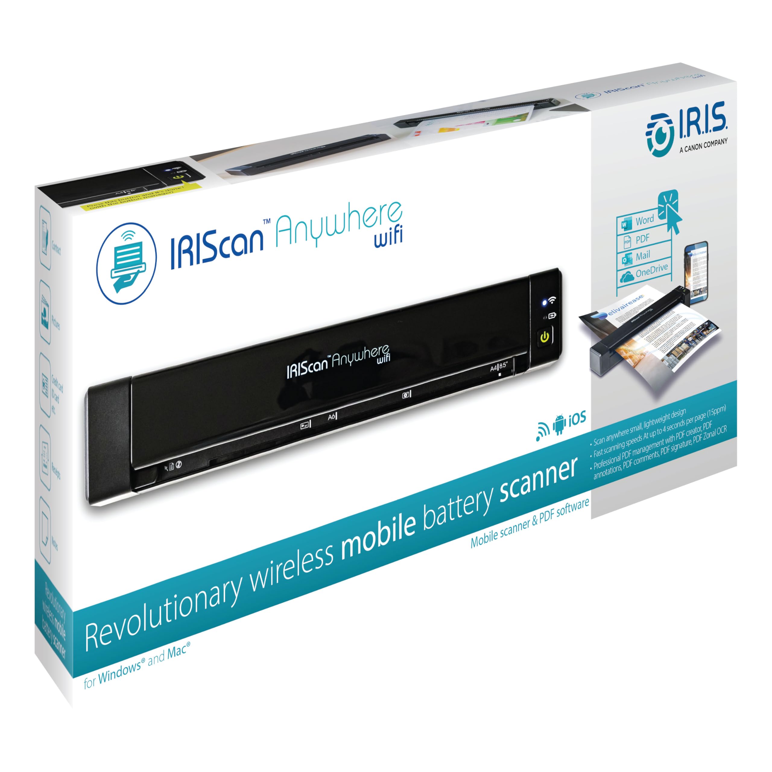 IRIScan Anywhere 6 WiFi Przenośny skaner Simplex: 15 PPM | Skaner dokumentów | Skaner a4 | Bateria | WiFi | OCR | PDF | Skanowanie do USB | Czarny | WinMac | iOS Android