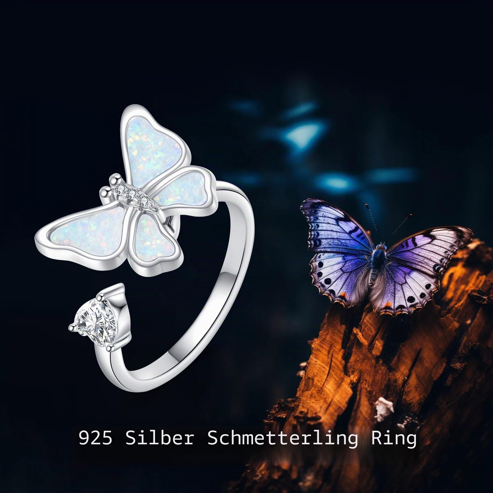 Schmetterlings Ring S925 Sterling Silber Opal Schmetterlings Angst Ring Spinner Fidget Verstellbarer Ring Schmuck Geschenke für Frauen Damen
