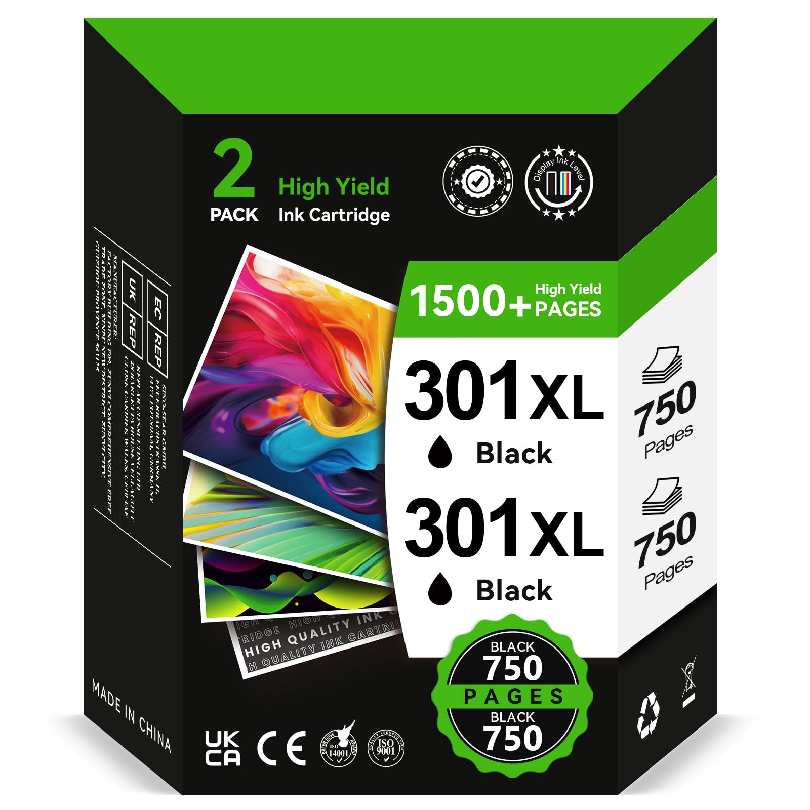 INKYEAH 301XL Zwarte inktcartridge, hoge capaciteit, 750 pagina's, vervanging voor HP 301 originele zwarte inktcartridge, printerinkt 301 XL voor Envy 5530 4500 4507 5532 DeskJet 3050a 3050 1510 1514