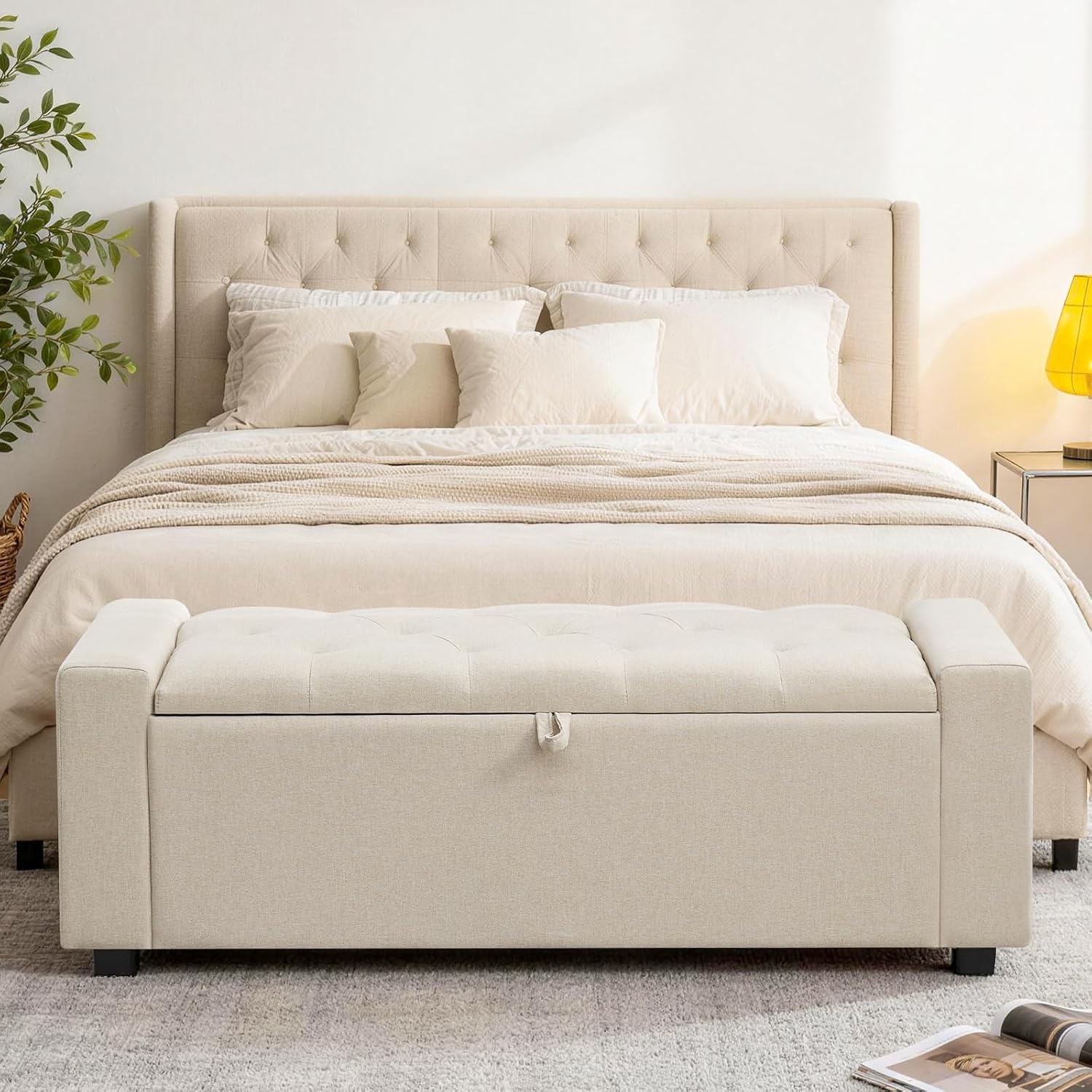 49'' Ottoman with Storage, Storage Ottoman Bench with Dual Safety Hinges, Button Tufted Upholstered Foot of Bed Bench for Bedroom, Entryway & Living Room, Holds up to 330lb (Beige)