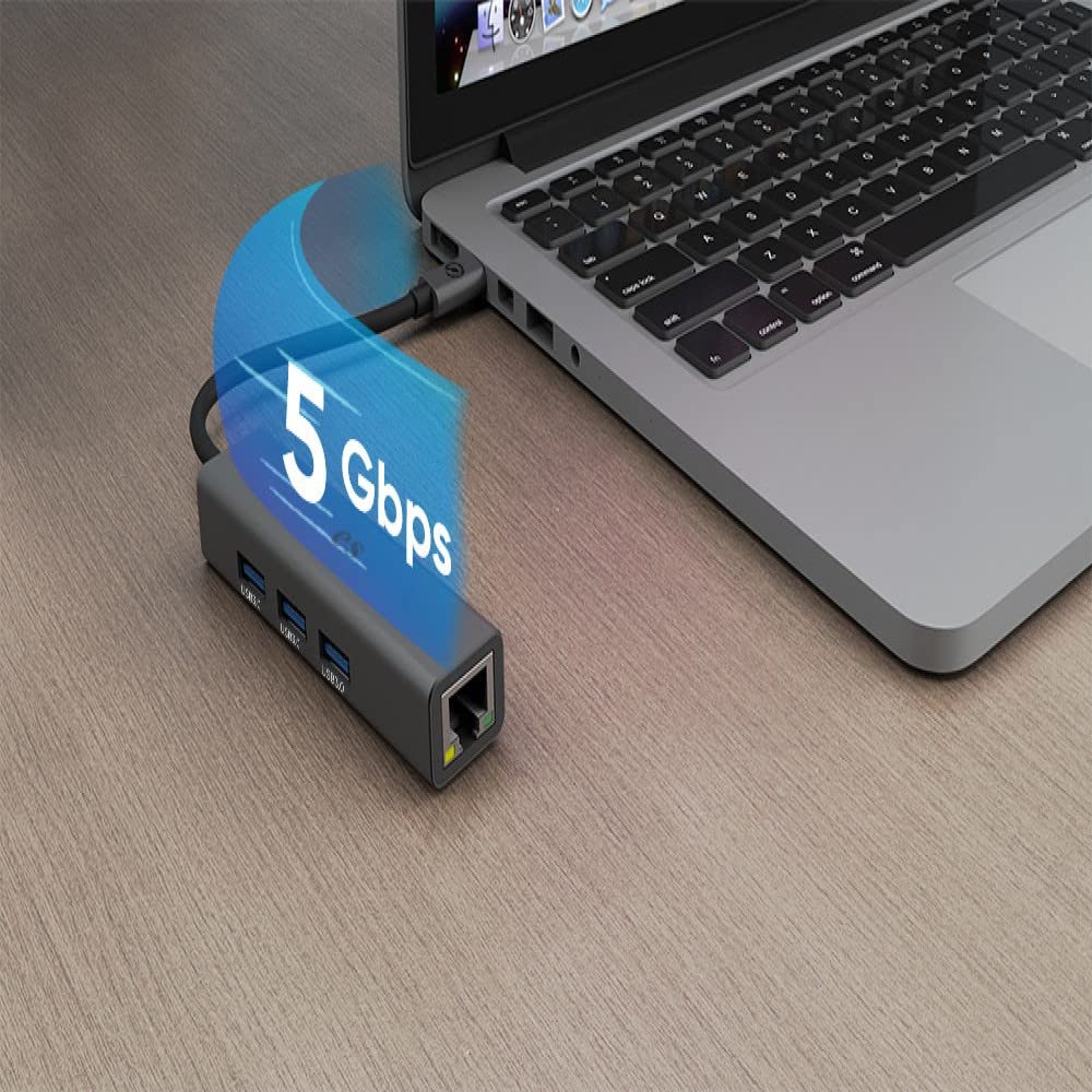 eller santé® USB Type C Hub Ethron 4IN1 multiport USB 3.0 High-Speed Adapter connector (5GBPS) data transfer Converter Extension with RJ45 Ethernet Port docking station USB A Port Compatible with Macbook Air Pro (M1, M2 etc), iPad Pro Air, Laptop, and Other Type C Mobile & Devices