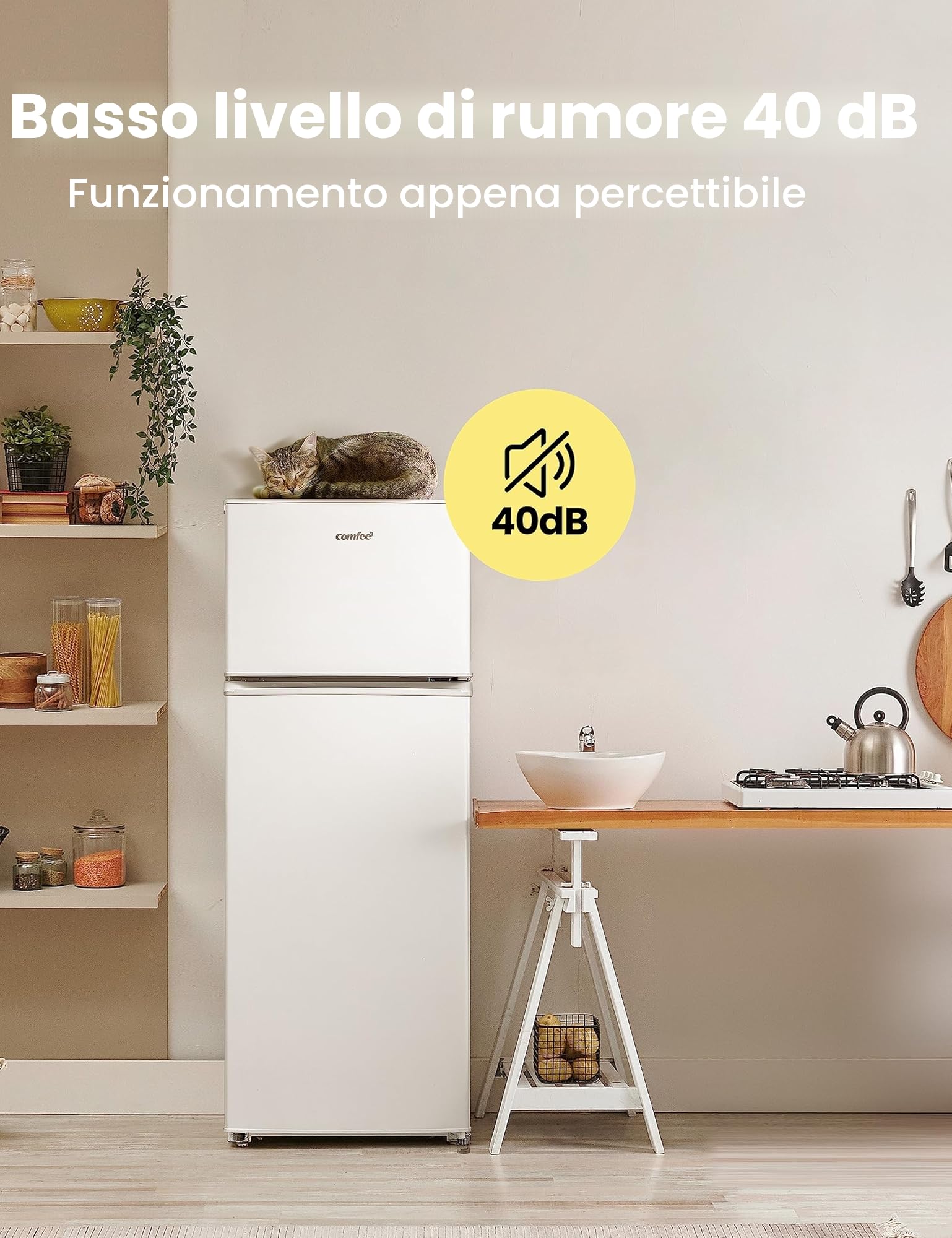 COMFEE' RCT284WH2A frigorifero con congelatore/congelatore superiore/176 kWh/anno/143cm Altezza/Luce LED/Cerniera porta reversibile/Bianco