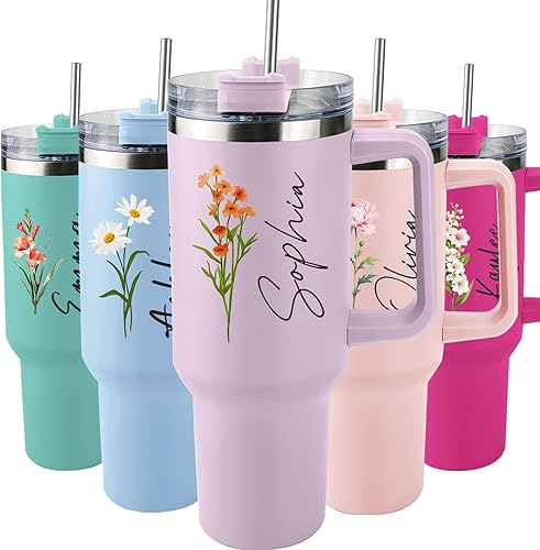 Elemtansy Personalized 40 Oz Tumbler with Handle and Straw, Custom Insulated Stainless Steel Tumbler with Name Travel Coffee Mug Birthday Gifts for