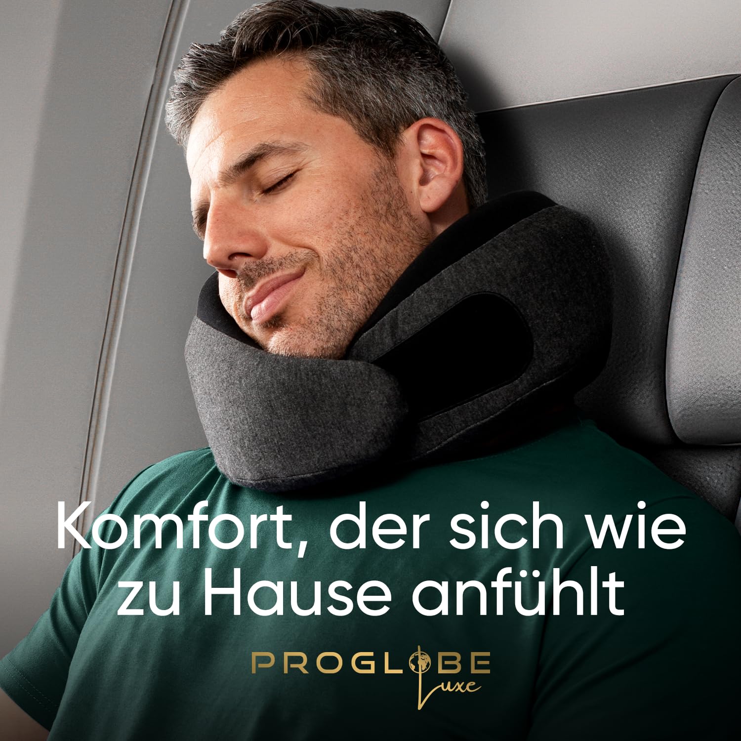 Proglobe Luxe Reisekissen aus Memory-Schaum, Aschschwarz, Weiche Kinnstütze | Kompaktes Nackenkissen mit Kompressionsbeutel, Bezug aus Bio-Baumwolle, leichter Reisekomfort für lange Flüge und Zug