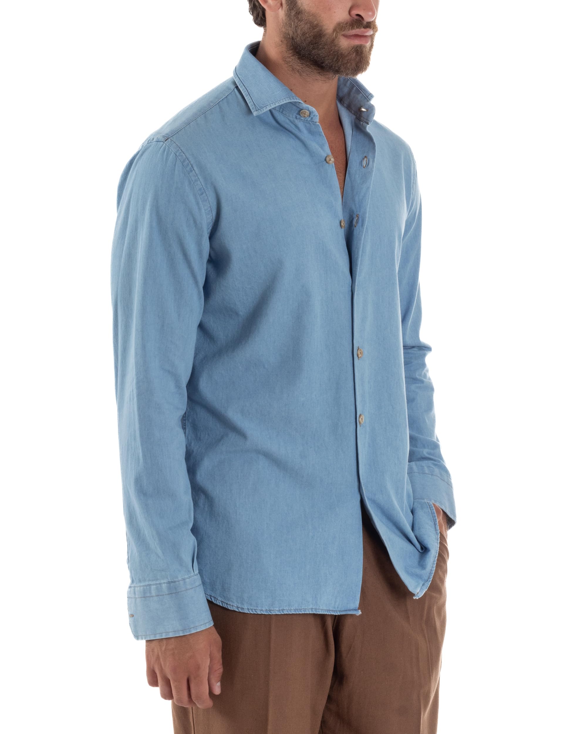 Camicia Uomo Jeans Collo Francese Denim Cotone Casual
