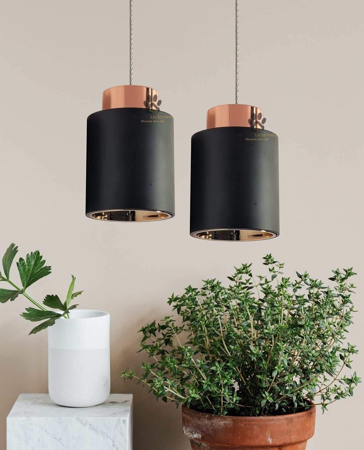 Mufasa 9 Watts Black Body Rose Gold Top with Golden Reflector Cylindrical Shape Hanging Spot Light Pendant Light for Bar, Dining Table, Workstation (Set of 2) (Yellow)-image-42