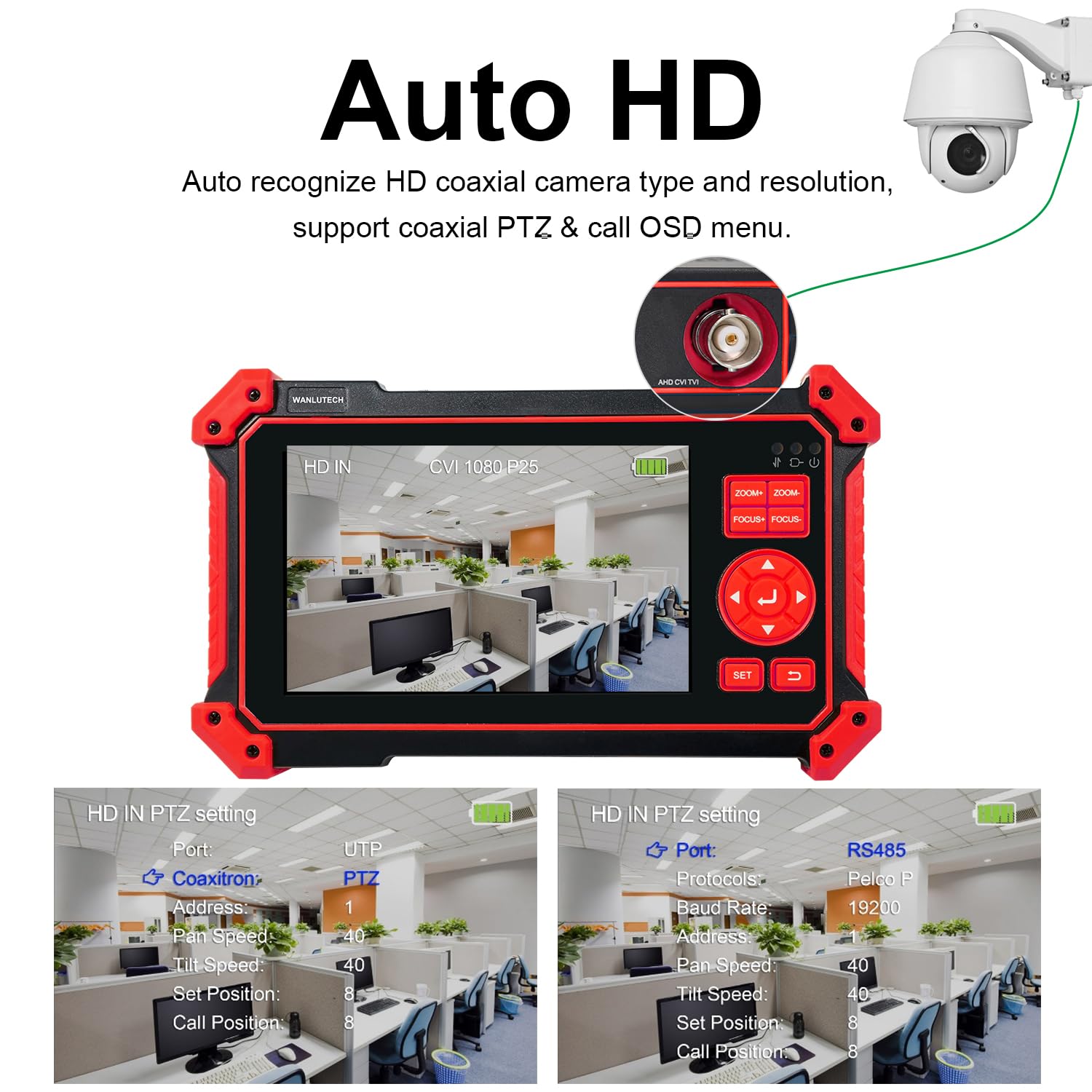 Tester per telecamera CCTV, 8 MP, TVI, CVI, AHD, CVBS, schermo da 5 pollici, cavo UTP, HDMI, VGA, RS485, controllo PTZ, test audio, 12 V