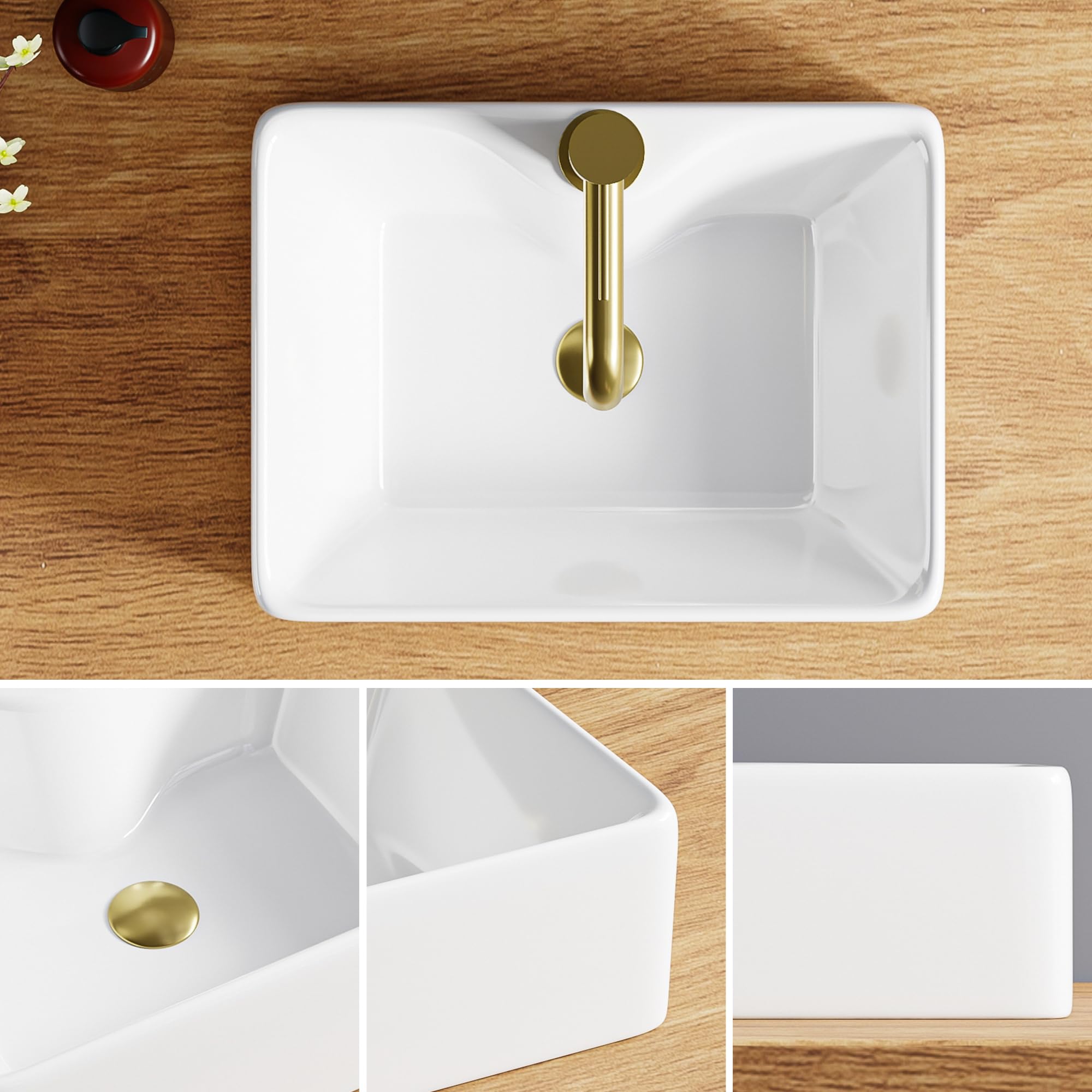 Lavabo rettangolare in ceramica bianca 40 x 30 x 13 cm – Lavabo da appoggio con spiaggia per miscelatore – Design moderno con angoli arrotondati – ideale per il bagno contemporaneo – facile