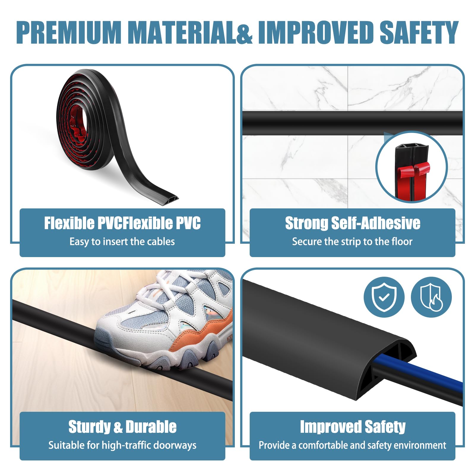 Passe Cable Sol 3M Goulotte Passe Cable Sol, Petit Canal de Cordons d'alimentation Flexible pour Le Bureau Protection des Fils Electriques et Prévention des Risques de Trébuchement - 4