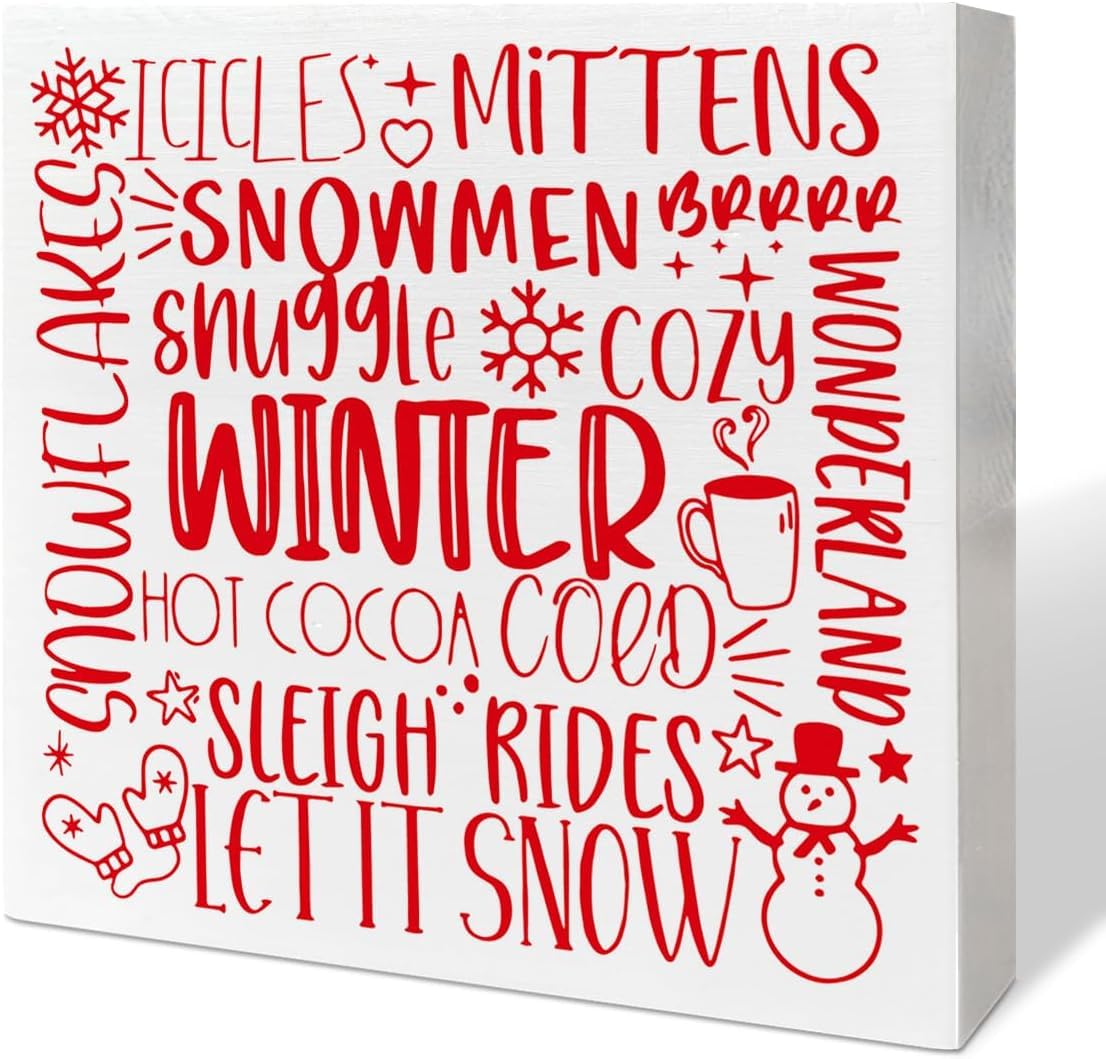 7x7 Inch Christmas Table Wooden Box Sign Decor,Snowflakes Wonderland,Holiday Table Decor Xmas Winter Tabletop Decorations For Home Kitchen Bedroom Shelf Office Desk Decor