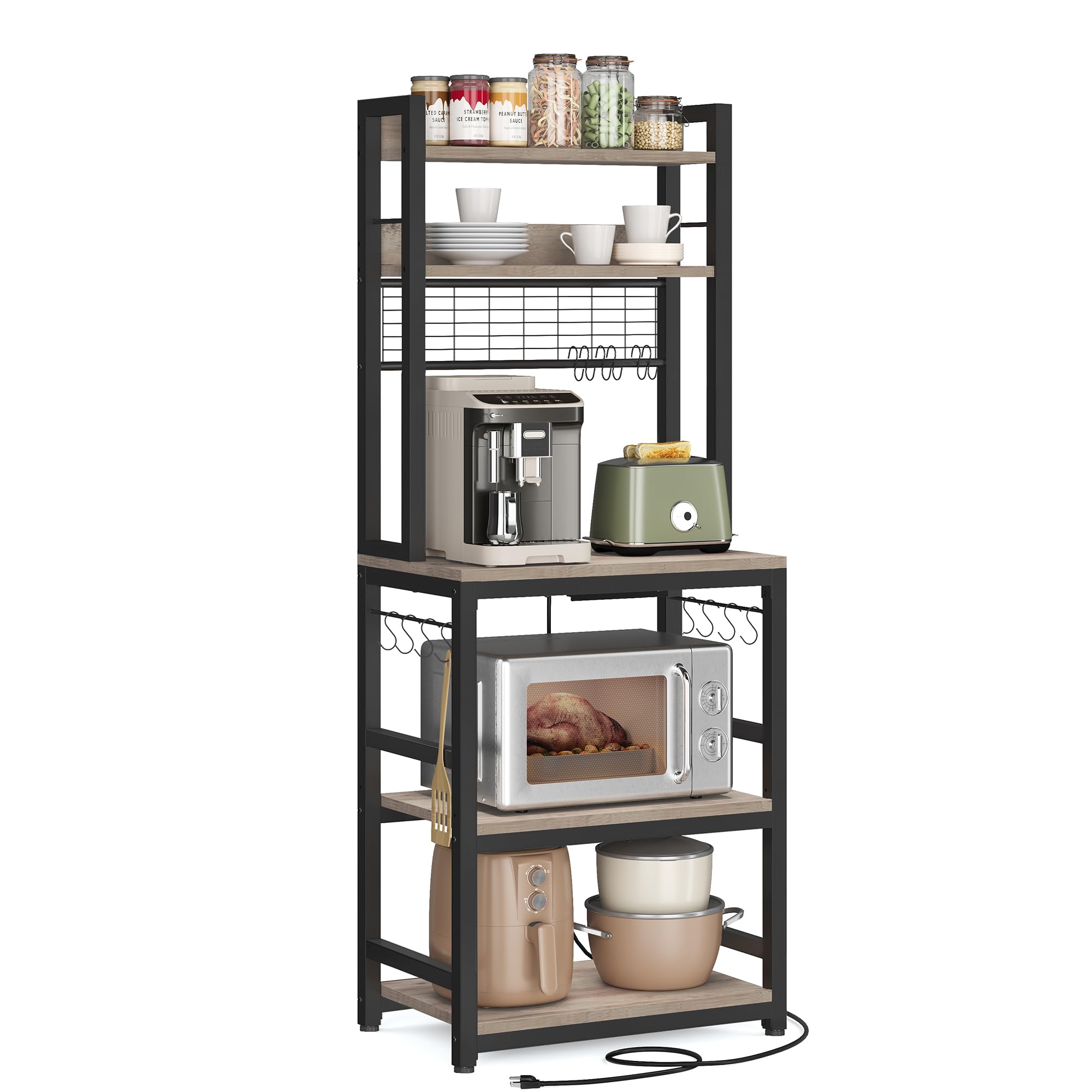 VASAGLE Hutch Bakers Rack with Power Outlet, 14 Hooks Microwave Stand, Adjustable Coffee Bar with Metal Wire Panel, Kitchen Storage Shelf, 15.7 x 23.6 x 66.9 Inches, Greige and Black UKKS037B02