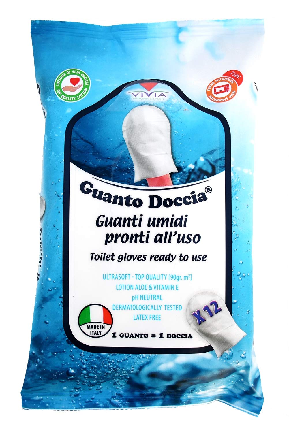 Guanto Doccia® Lot de 12 paquets gants de douche humides savonneux 144 au total hygiène du corps sans rinçage fabriqué en Italie