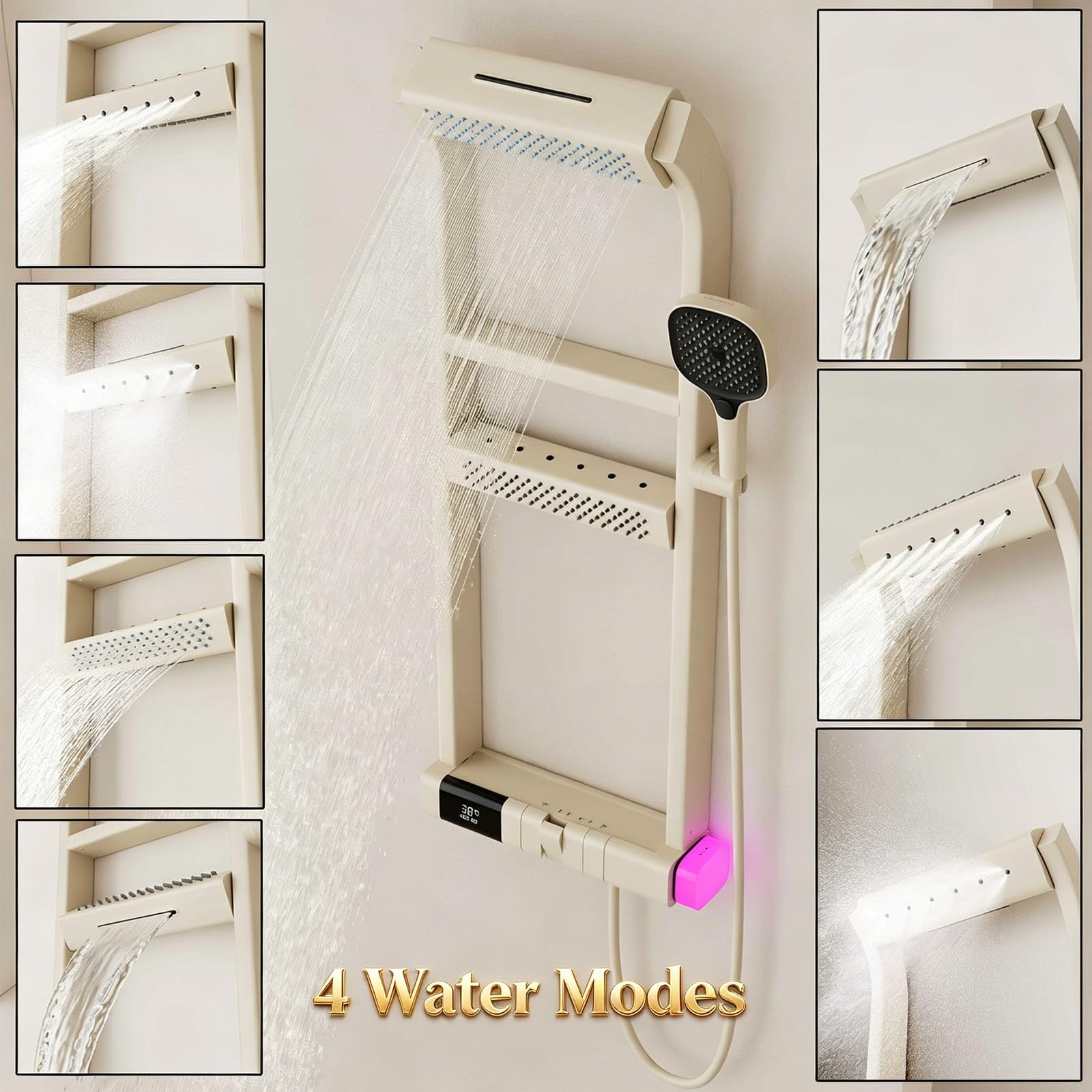 Termostatyczny system prysznicowy,Ulepszony 6-funkcyjny zestaw prysznicowy w kształcie klawiszy fortepianu,Zestawy baterii natryskowych 40 x 10cm,Cyfrowy wyświetlacz LED,4 tryby natrysku wody