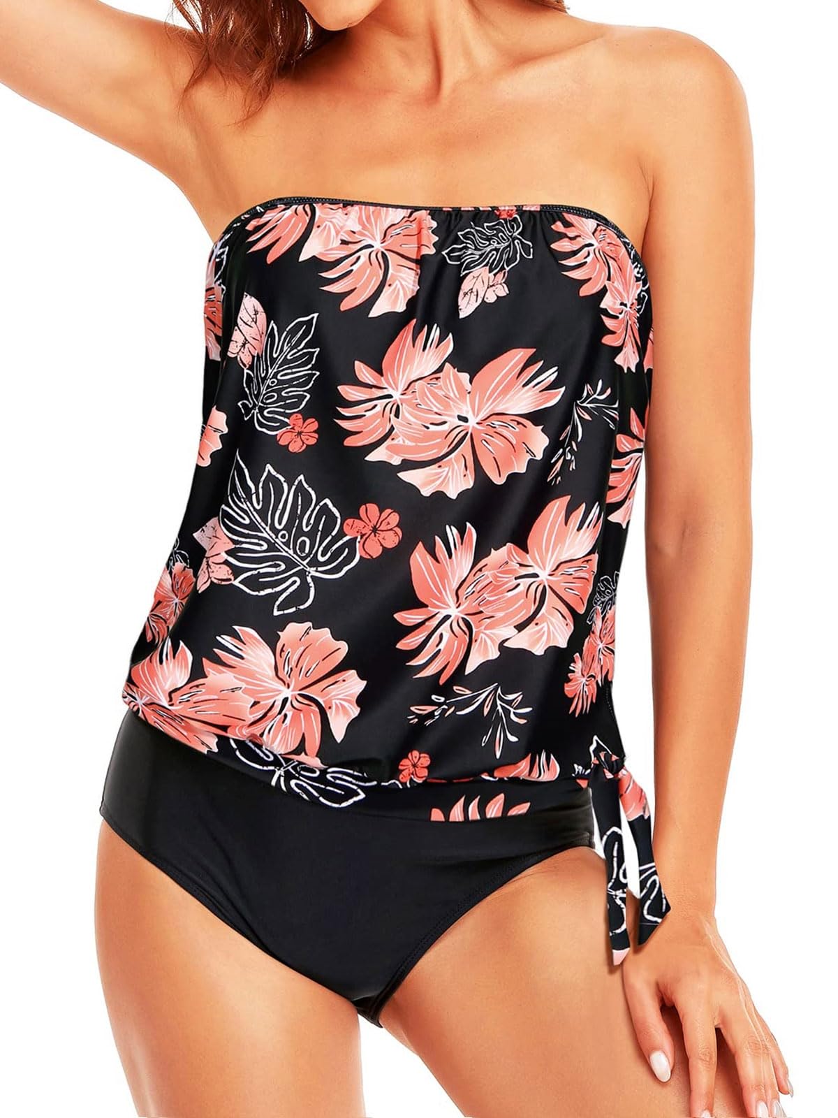 Yutdeng Tankini Sets for Women UK Two Pieces Women's Bandeau Tankinis Swimwear with Shorts Brief Strapless Bathing Suits Blouson Swimsuit Loose Fit Swimming Costume