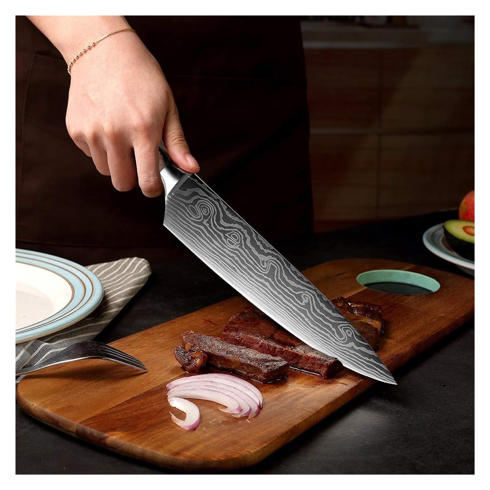 Ostre noże kuchenne 8 "Santoku nóż szefa kuchni damasceński wzór tasak noże do krojenia cięcia warzyw i nóż do gotowania mięsa