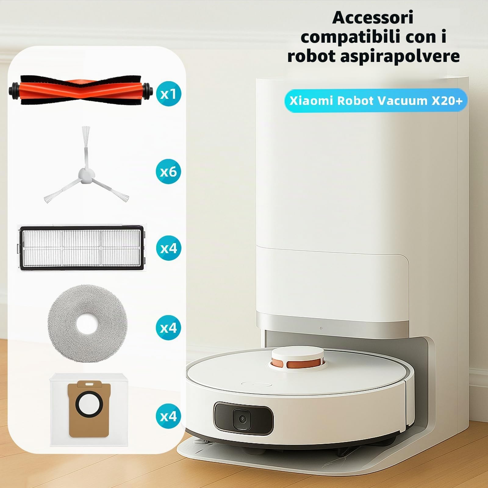 Kit Accessori Ricambi per Xiaomi Robot Vacuum X20+/X10 Plus,per Dreame L10s Ultra/L10 Ultra Robot Aspirapolvere, 1 Spazzola Principale, 6 Spazzole Laterali, 4 Filtro Hepa, 4 Panni Mop, 6 Sacchetti