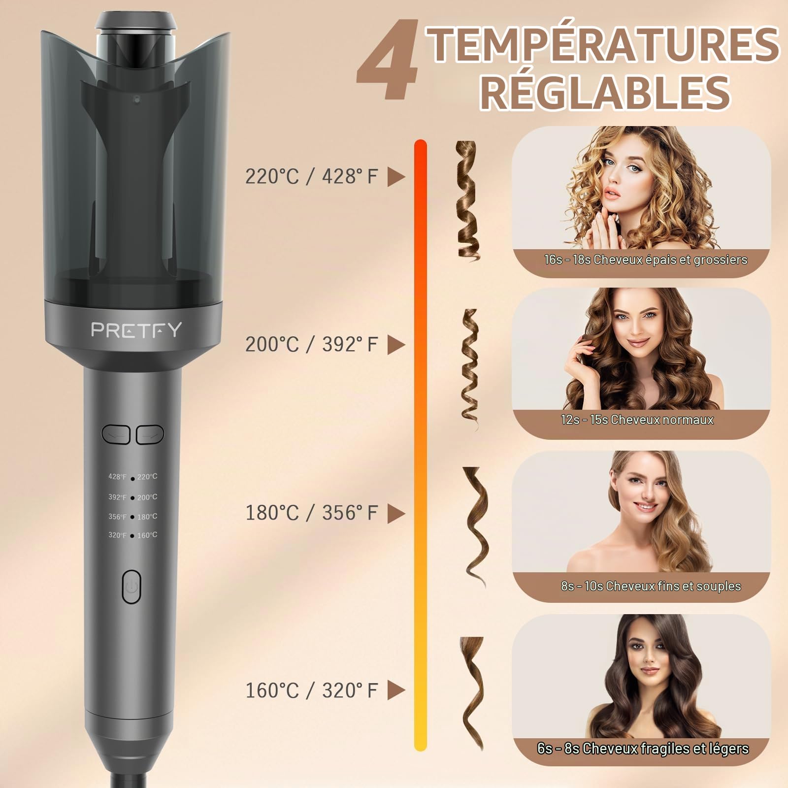 Boucleur a Cheveux, Fer a Boucler, Fer à Friser Automatique pour la Coiffure, 4 Température Réglable, Câble Anti-emmêlement Rotatif à 360° Alimentation Sans Interrupt (Noir)