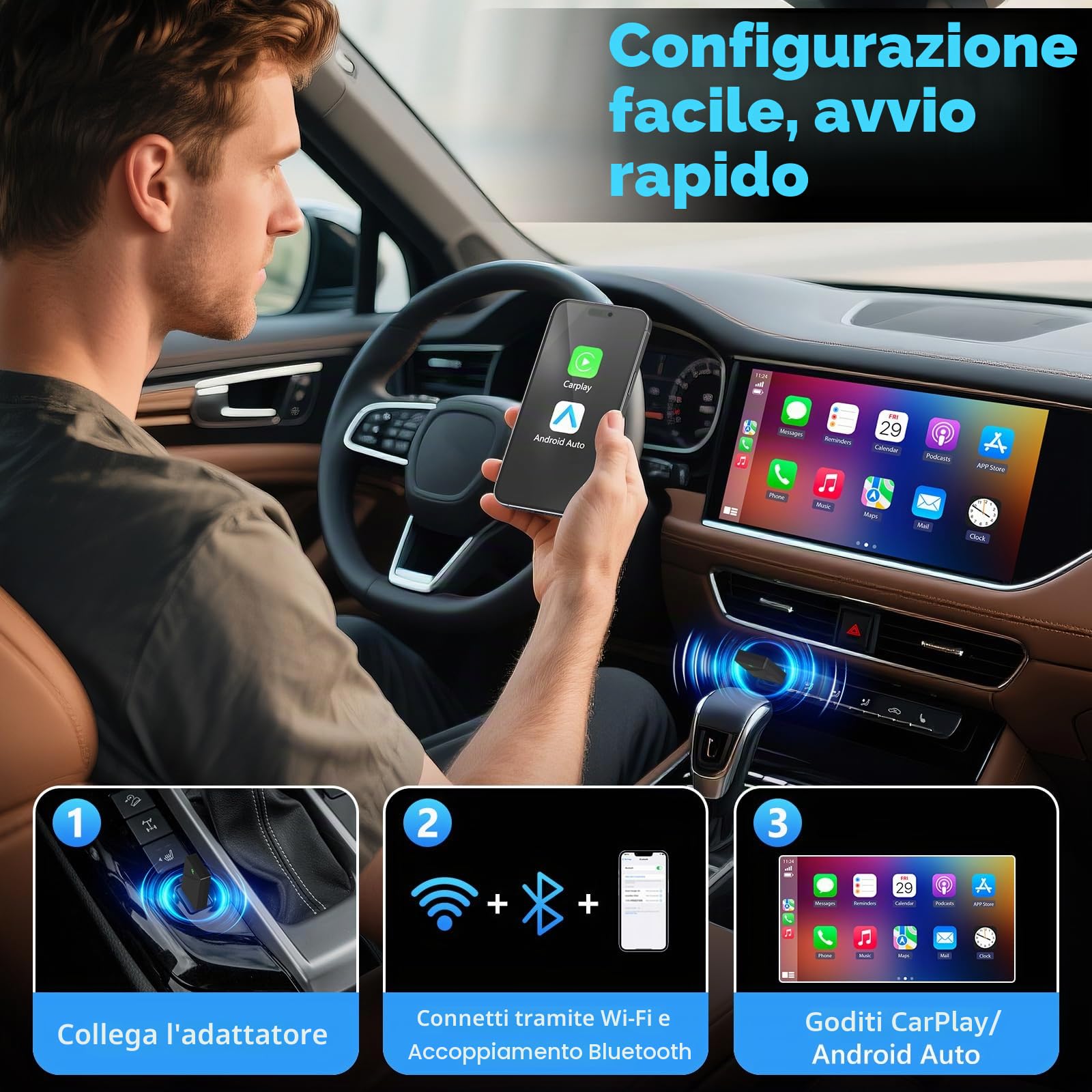 Adattatore Carplay Wireless & Android Auto Wireless 2 IN 1, Converte Android Auto/Carplay da cablato in Wire-less,Typ-C/USB Plug & Play Mini, Compatibile con iOS 10+ Android 11+