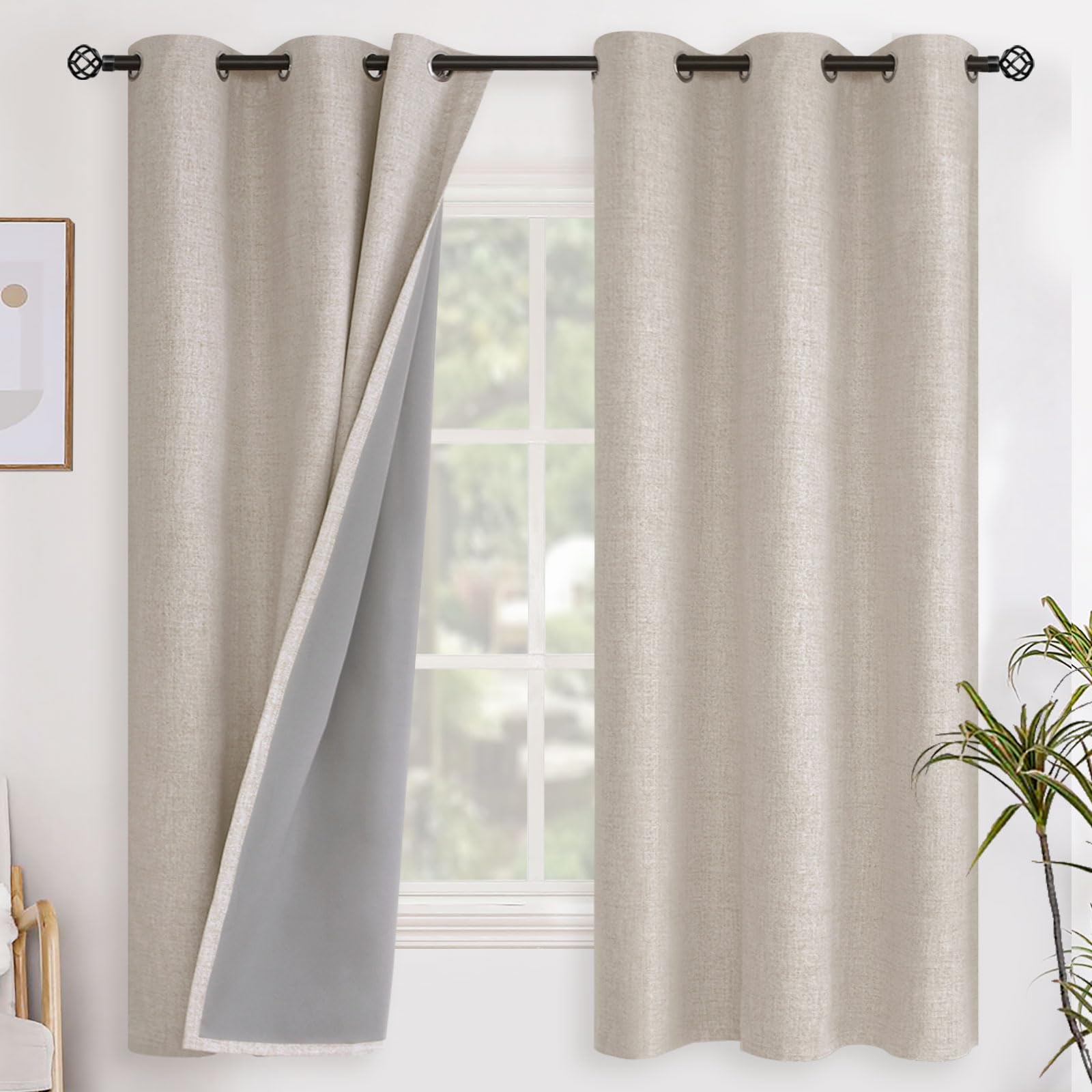 YoungsTex Oatmeal Linen Blackout Curtains for Bedroom 63 Inch Length, Light Blocking Short Window Drapes for Living Room Farmhouse Thermal Insulated Tan Blinds with Grommet, 2 Panels, 38 X 63 Inch