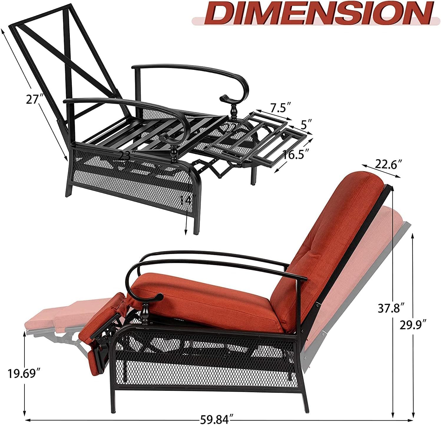 SUNCROWN Outdoor Recliner Chair Patio Adjustable Relaxing Chairs Outdoor Metal Furniture Chair with Thick Cushion, Red