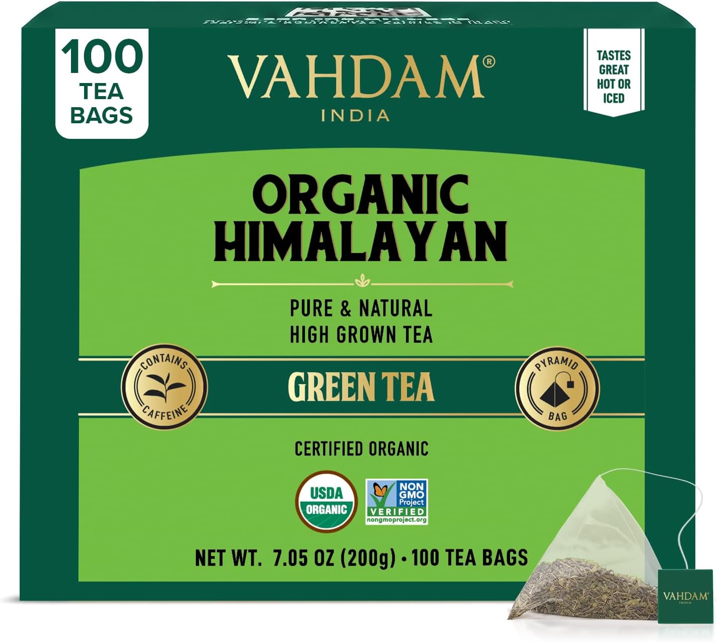 VAHDAM, Organic Himalayan Green Tea (100 Count) High Grown, Non GMO, Gluten Free, Low Caffeine | Earthy & Smooth | Resealable & Plant-Based Pyramid Tea Bags