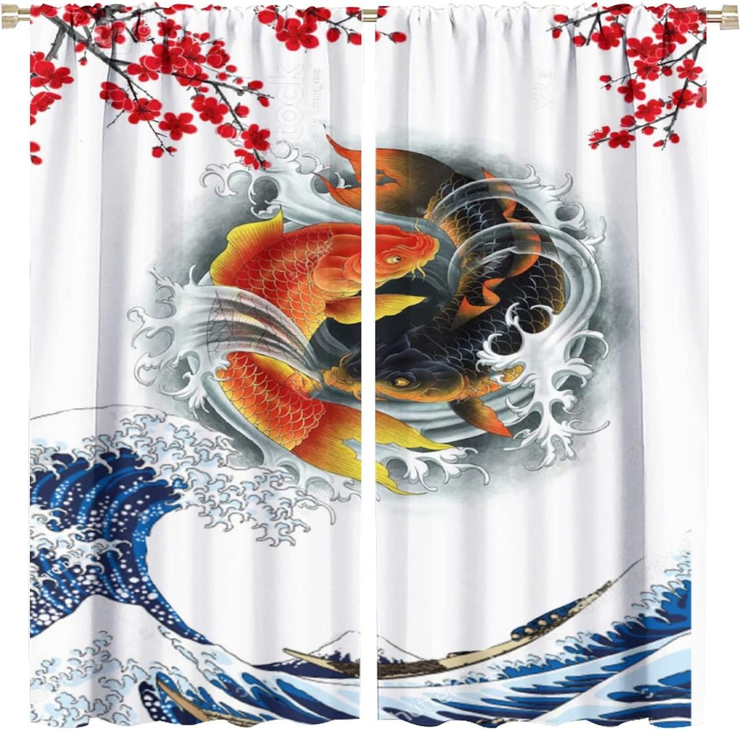 Koi Fish Curtains,Fantasy Yin Yang Japanese Big Wave Koi Cherry Blossom Room Window Curtains,84x84in Decor