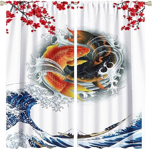 Vista 14 de Cortinas japonesas de pez koi, estilo asiático Koi Big Wave Koi, cortina con bolsillo para cortinero para dormitorio, cocina, sala de estar, Koi