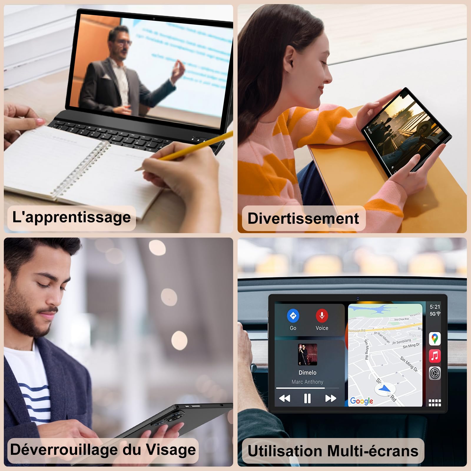 Tablette Android Tablet Tactile, 8000mAh, 128Go ROM/WiFi 5G/2.4G- Noir | BT5.0, Face ID, GPS, caméra 8+5MP, Widevine L1, GMS Certified,contrôle parental, extensible 2To TF. Clavier et souris inclus.