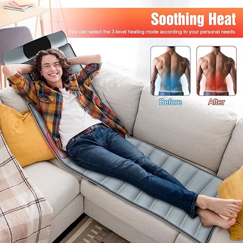Miniatura 4 de Alfombrilla de masaje con calor, almohadilla de masaje de vibración de cuerpo completo con masajeador de cuello desmontable, almohada lumbar, 10